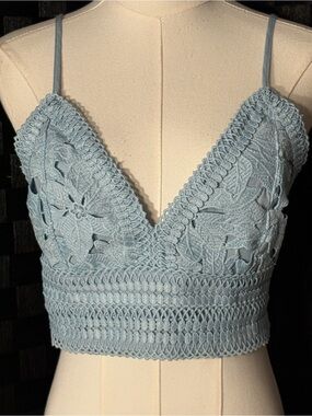 sky blue Love Tree textured lace floral bralette crop top